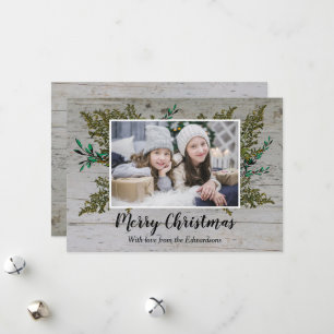 Rustic wood botanical Merry Christmas photo card