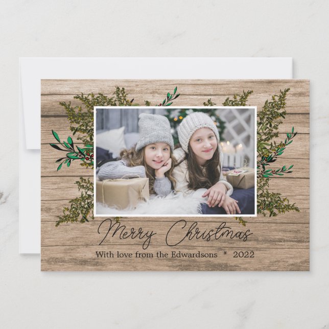 Rustic wood botanical Merry Christmas photo Holiday Card (Front)