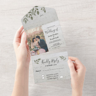 Rustic wood botanical monogram photo wedding all in one invitation