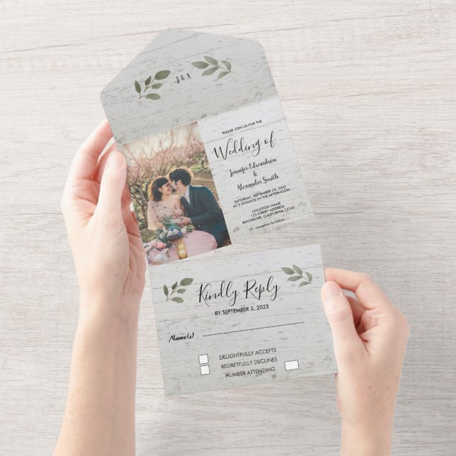 Rustic wood botanical monogram photo Wedding All In One Invitation (Tearaway)