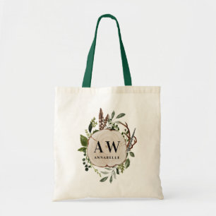 Rustic wood botanical script initials monogram tote bag