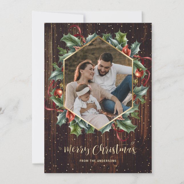 Rustic Wood Botanical Wreath Photo Christmas Cards (Front)