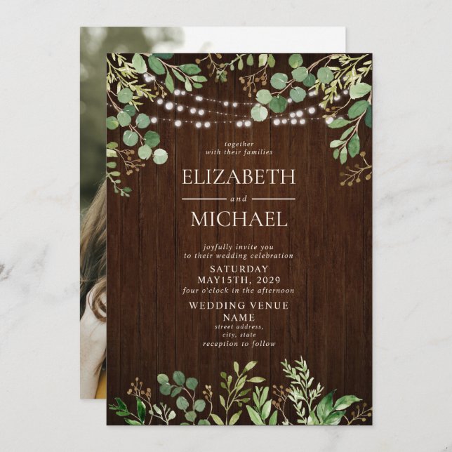 Rustic Wood Botanicals String Lights Photo Wedding Invitation (Front/Back)