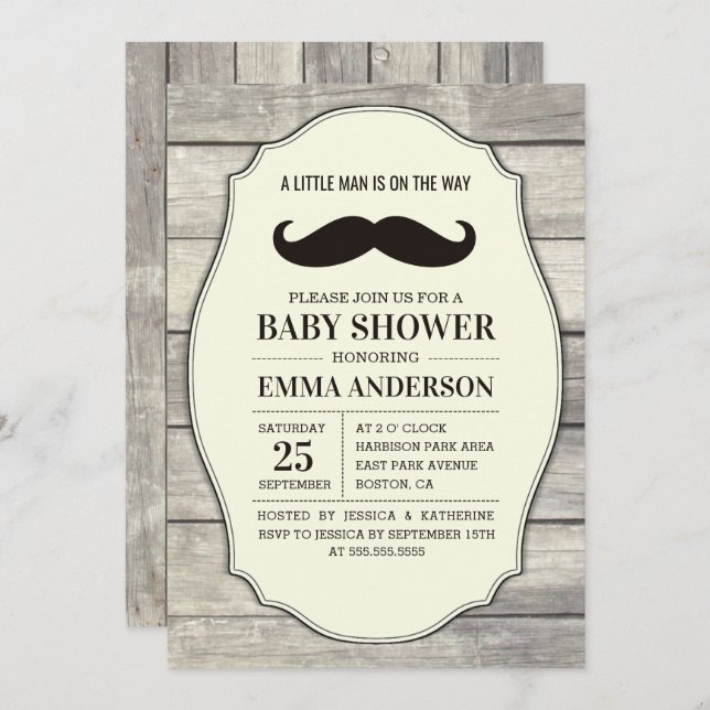 Rustic Wood Boy Baby Shower Invitation - Moustache (Front/Back)