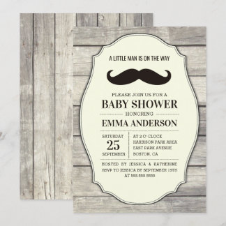 Rustic Wood Boy Baby Shower Invitation - Moustache