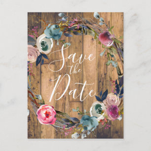 Rustic Wood Branches Floral Wreath Save the Date Announcement Postcard