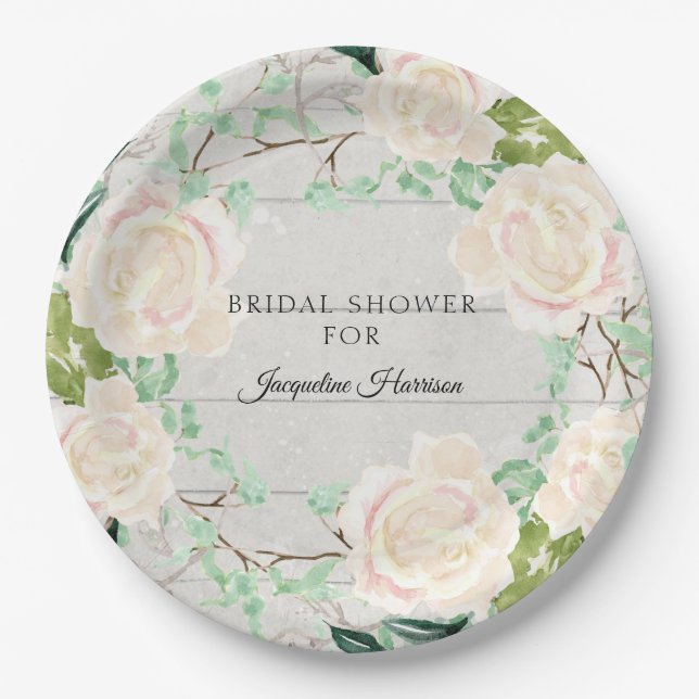 Rustic Wood Bridal Shower Floral Ivory Peach Rose Paper Plate (Front)