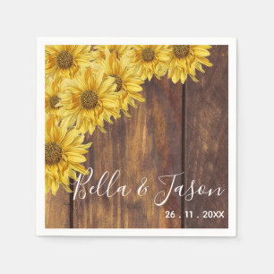 Rustic Wood Bright Yellow Sunflower Wedding Party Napkin