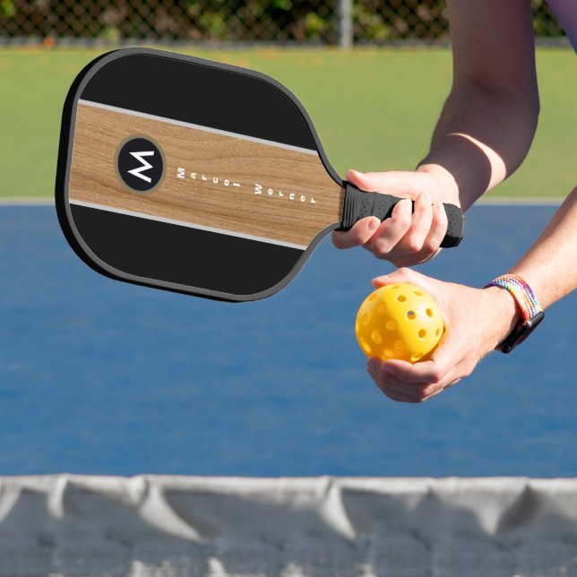 Rustic Wood Brown Stripe on Black Monogram Pickleball Paddle (Insitu)