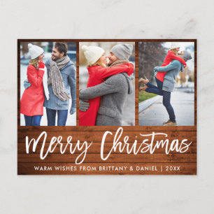 Rustic Wood Brush Script 3 Photo Couple Christmas Postcard