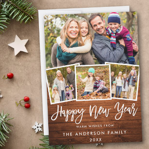 Rustic Wood Brush Script 4 Photo New Year Holiday Card