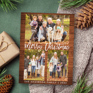 Rustic Wood Brush Script Family 3 Photo Christmas Postcard