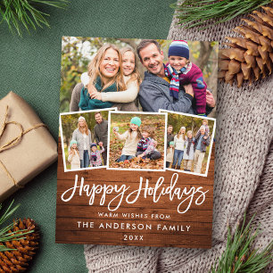 Rustic Wood Brush Script Happy Holidays 4 Photo Postcard