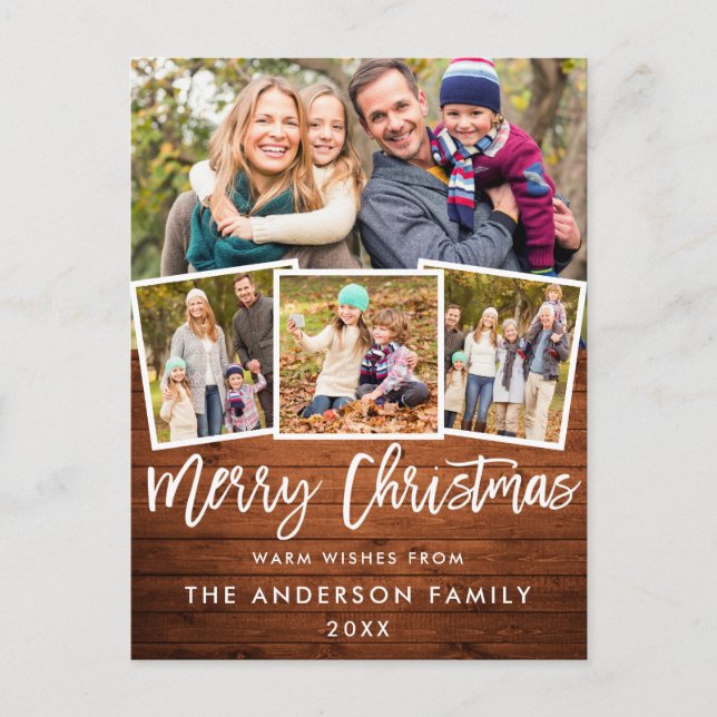 Rustic Wood Brush Script Merry Christmas 4 Photo Postcard (Front)