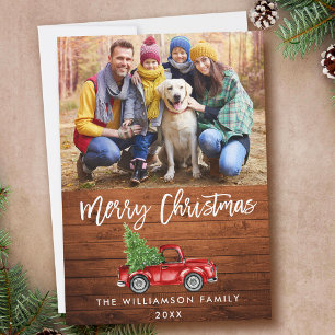 Rustic Wood Brush Script Vintage Truck Christmas Holiday Card