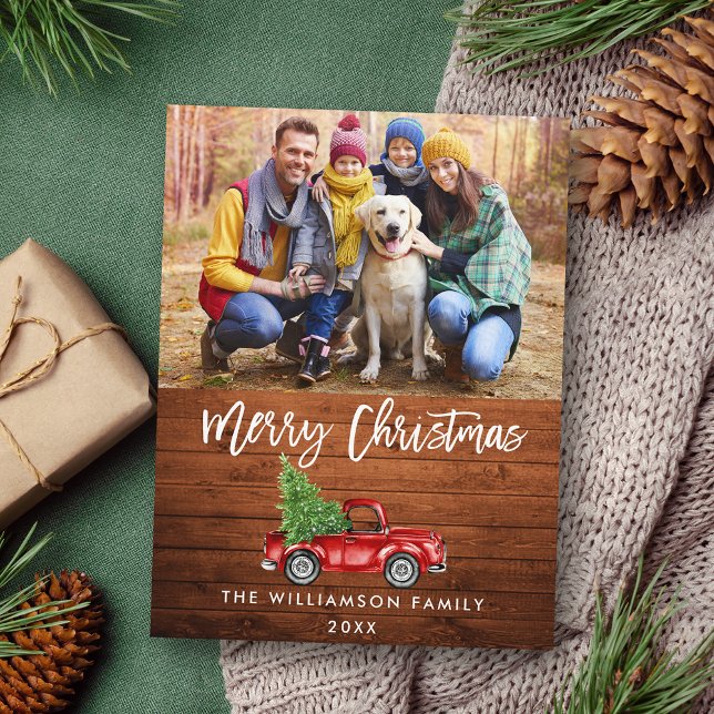 Rustic Wood Brush Script Vintage Truck Christmas Postcard (Customize to change your personalized text size or text style.)