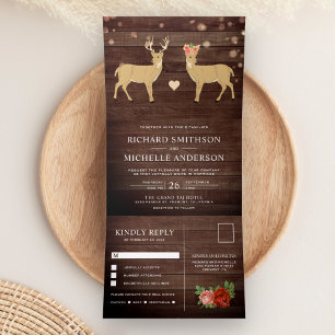 Rustic Wood Buck and Doe Romantic Deer Wedding Tri-Fold Invitation