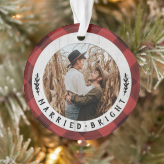 Rustic Wood Buffalo Check Couples First Christmas Ornament