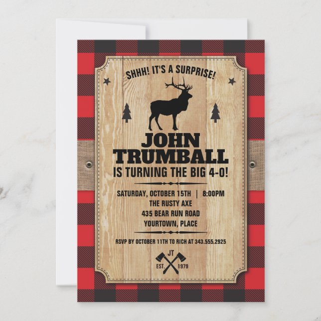 Rustic Wood Buffalo Plaid with Elk Invitation (Front)