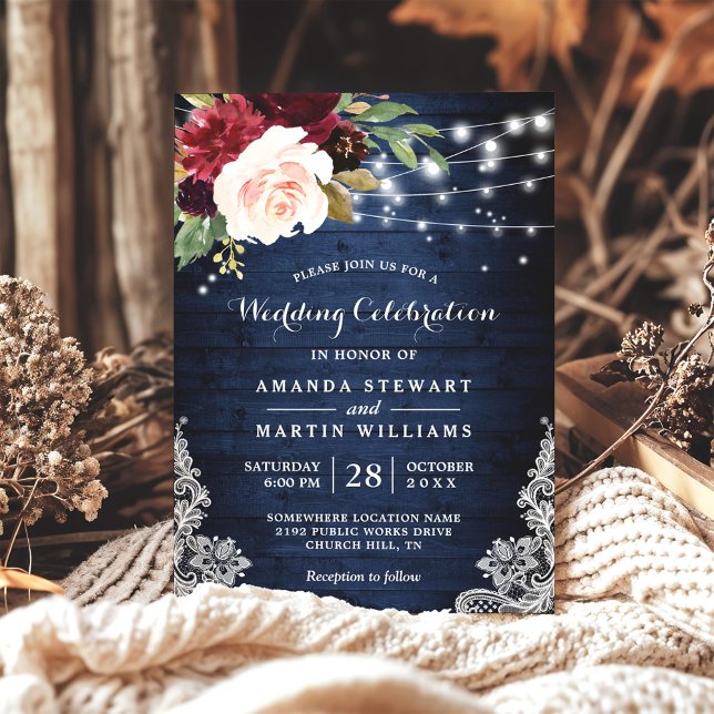 Rustic Wood Burgundy Blue Floral Lights Wedding Invitation (Creator Uploaded)