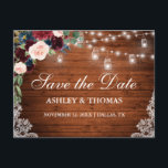 Rustic Wood Burgundy Blue Floral Save The Date Announcement Postcard<br><div class="desc">Rustic Wood String Jar Lights Lace Watercolor Burgundy Marsala Blue Floral Save the Date Postcard - Printed Back</div>