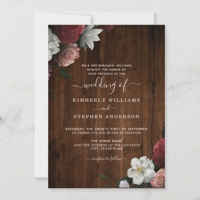 Rustic Wood Burgundy Blush Floral Formal Wedding Invitation (Front)