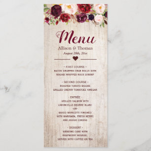 Rustic Wood Burgundy Blush Floral Wedding Menu