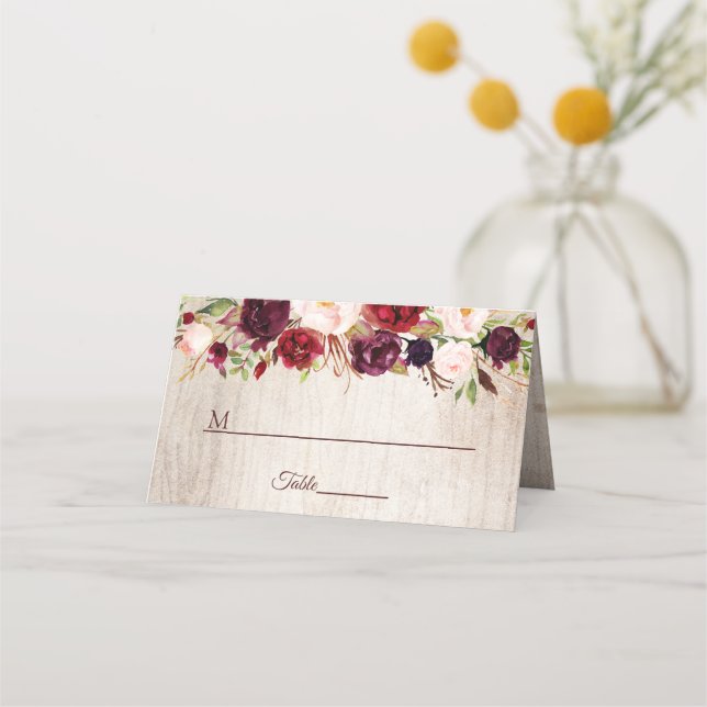 Rustic Wood Burgundy Blush Floral Wedding Table Place Card (Front)