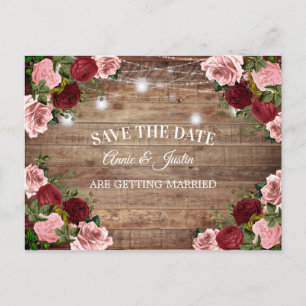 Rustic Wood Burgundy Blush Pink Floral Save Date Postcard