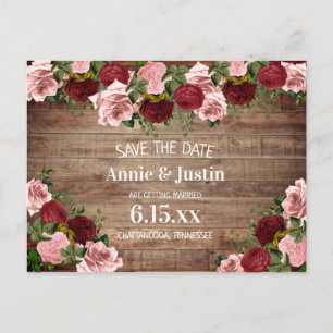 Rustic Wood Burgundy Blush Pink Floral Save Date Postcard