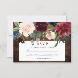 Rustic Wood Burgundy Country Wedding RSVP Card