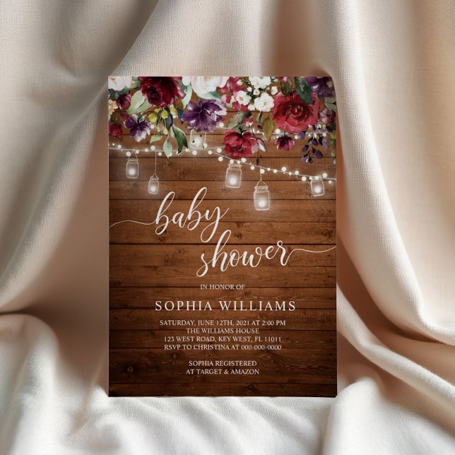 Rustic Wood Burgundy Floral Baby Shower Invitation (Creator Uploaded)
