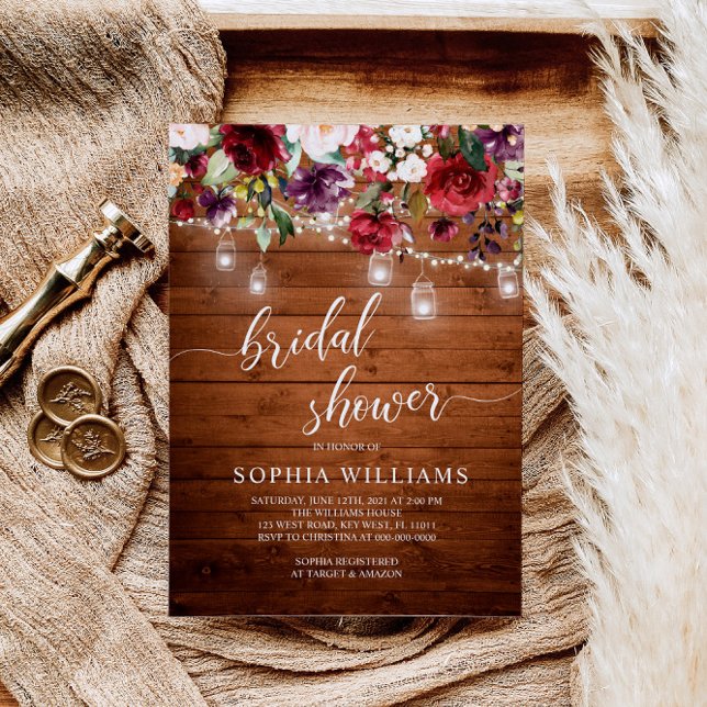 Rustic Wood Burgundy Floral Bridal Shower Invitation (Creator Uploaded)