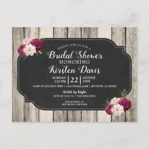 Rustic Wood Burgundy Floral Bridal Shower Postcard
