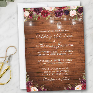 Rustic Wood Burgundy Floral Jar Lights Wedding Invitation