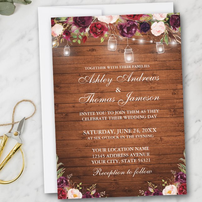 Rustic Wood Burgundy Floral Jar Lights Wedding Invitation (Customize to add more text or photos to back of card.)