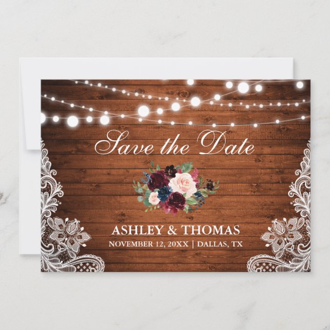 Rustic Wood Burgundy Floral Lace Save the Date (Front)