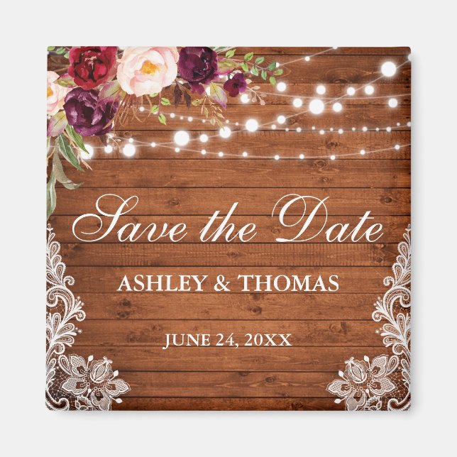 Rustic Wood Burgundy Floral Lace Save the Date Sq Magnet (Front)
