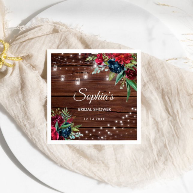 Rustic Wood Burgundy Floral Lights Bridal Napkin (Creator Uploaded)