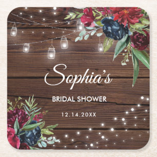 Rustic Wood Burgundy Floral Lights Bridal Square Paper Coaster