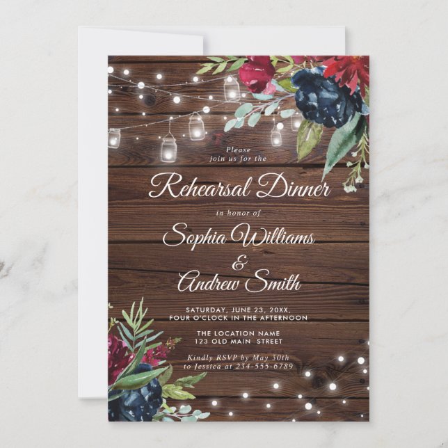 Rustic Wood Burgundy Floral Lights Diner  Invitation (Front)