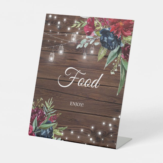 Rustic Wood Burgundy Floral Lights Food Sign (Front)