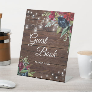 Rustic Wood Burgundy Floral Lights Guest Book Sign