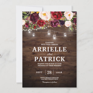 Rustic Wood Burgundy Floral Lights Invitation