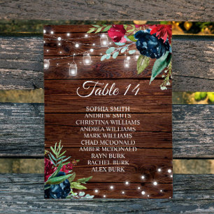 Rustic Wood Burgundy Floral Lights Seating Chart Invitation