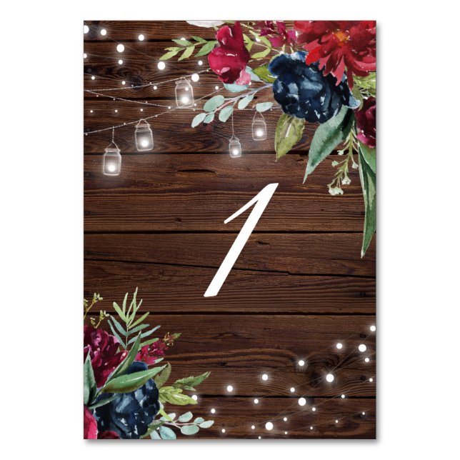 Rustic Wood Burgundy Floral Lights Table 1 Wedding Number (Front)