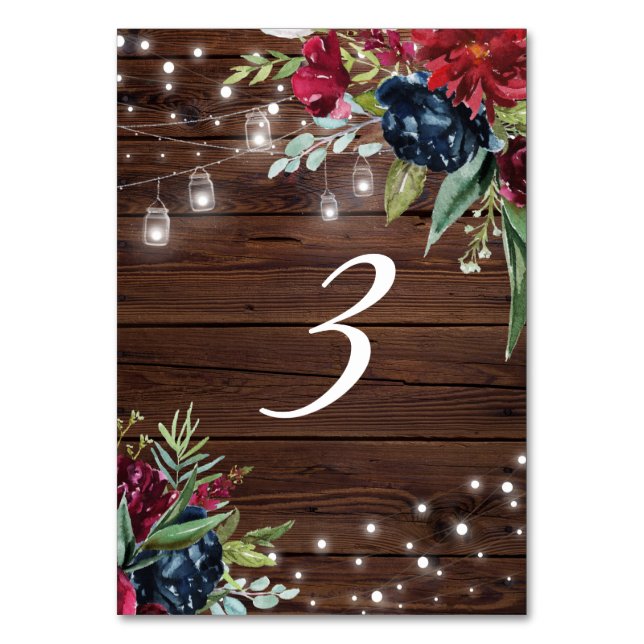 Rustic Wood Burgundy Floral Lights Table 3 Wedding Table Number (Front)