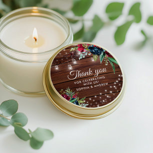 Rustic Wood Burgundy Floral Lights Wedding Classic Round Sticker