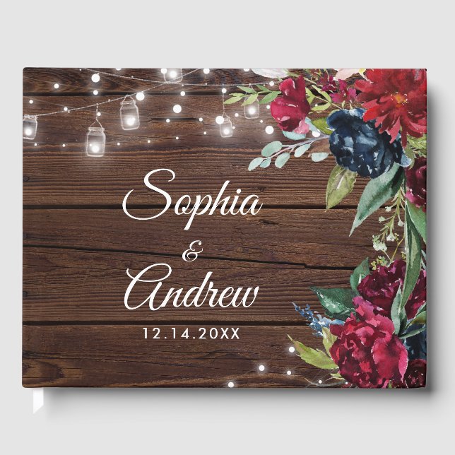 Rustic Wood Burgundy Floral Lights Wedding Guest Book (Front)
