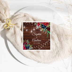 Rustic Wood Burgundy Floral Lights Wedding Napkin